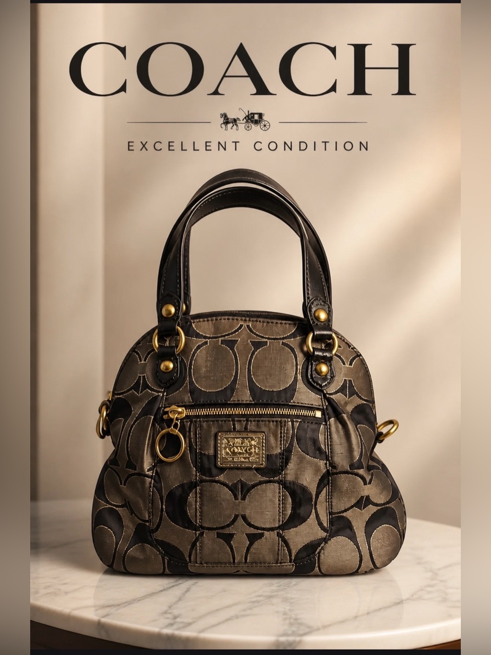 Coach poppy Satchel in Black and Gold Signature Jacquard EUC